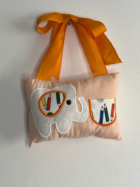 Tooth Fairy Cushion - Orange - Peach background - Elephant - Crayons