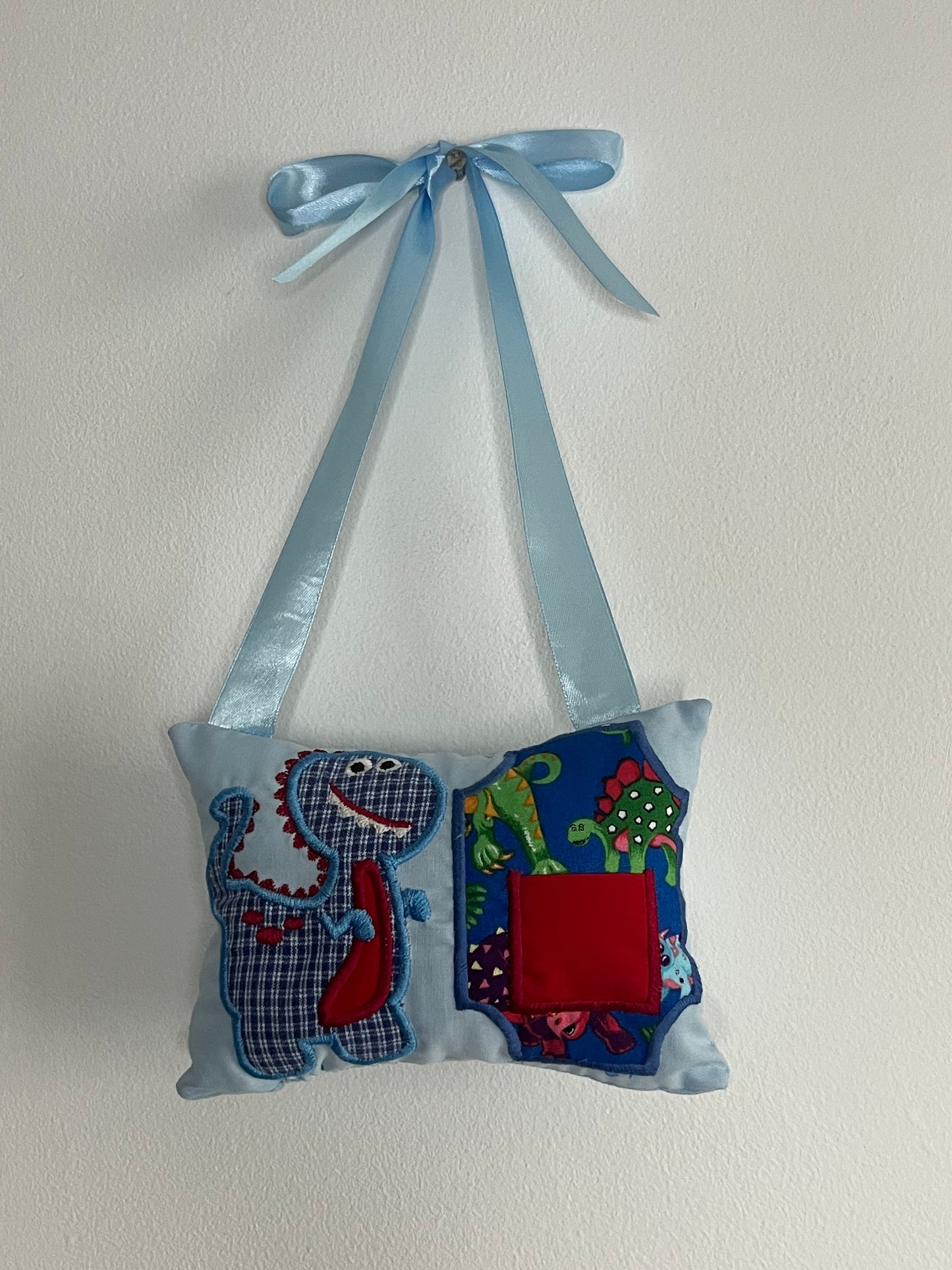 Tooth Fairy Cushion - Blue - Blue Dinosaur - Red Pocket