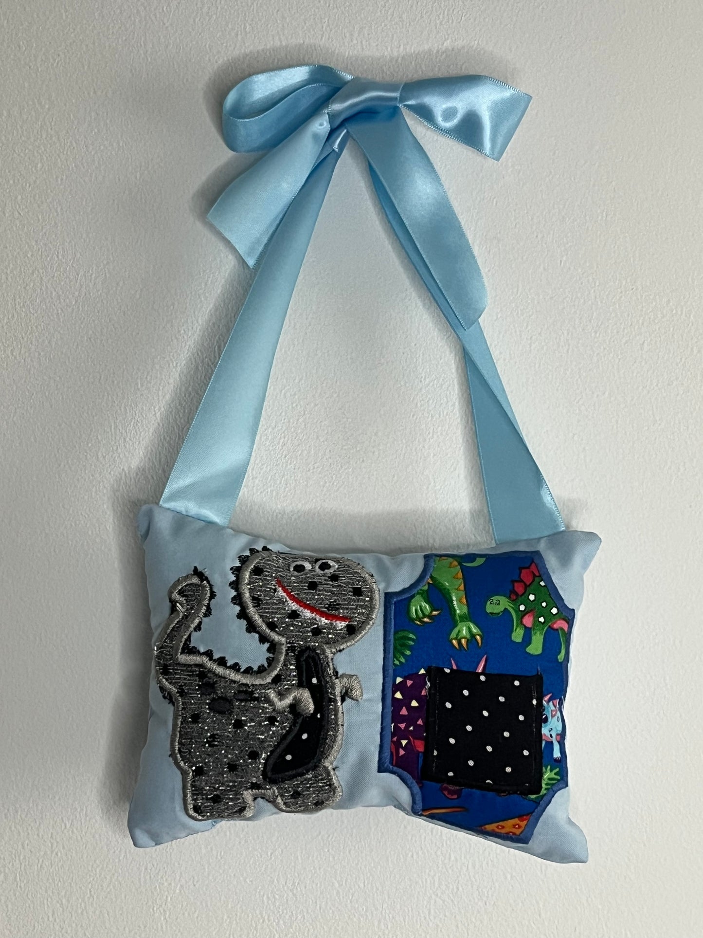 Tooth Fairy Cushion - Blue - Blue background - Silver Dinosaur - Black & White Pocket