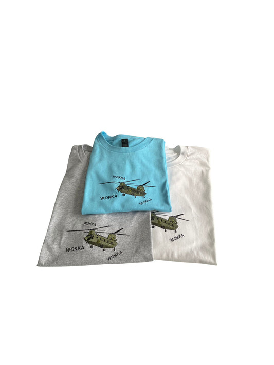 Unisex T-Shirt with an image of a Chinook and the words 'Wokka  Wokka  Wokka'