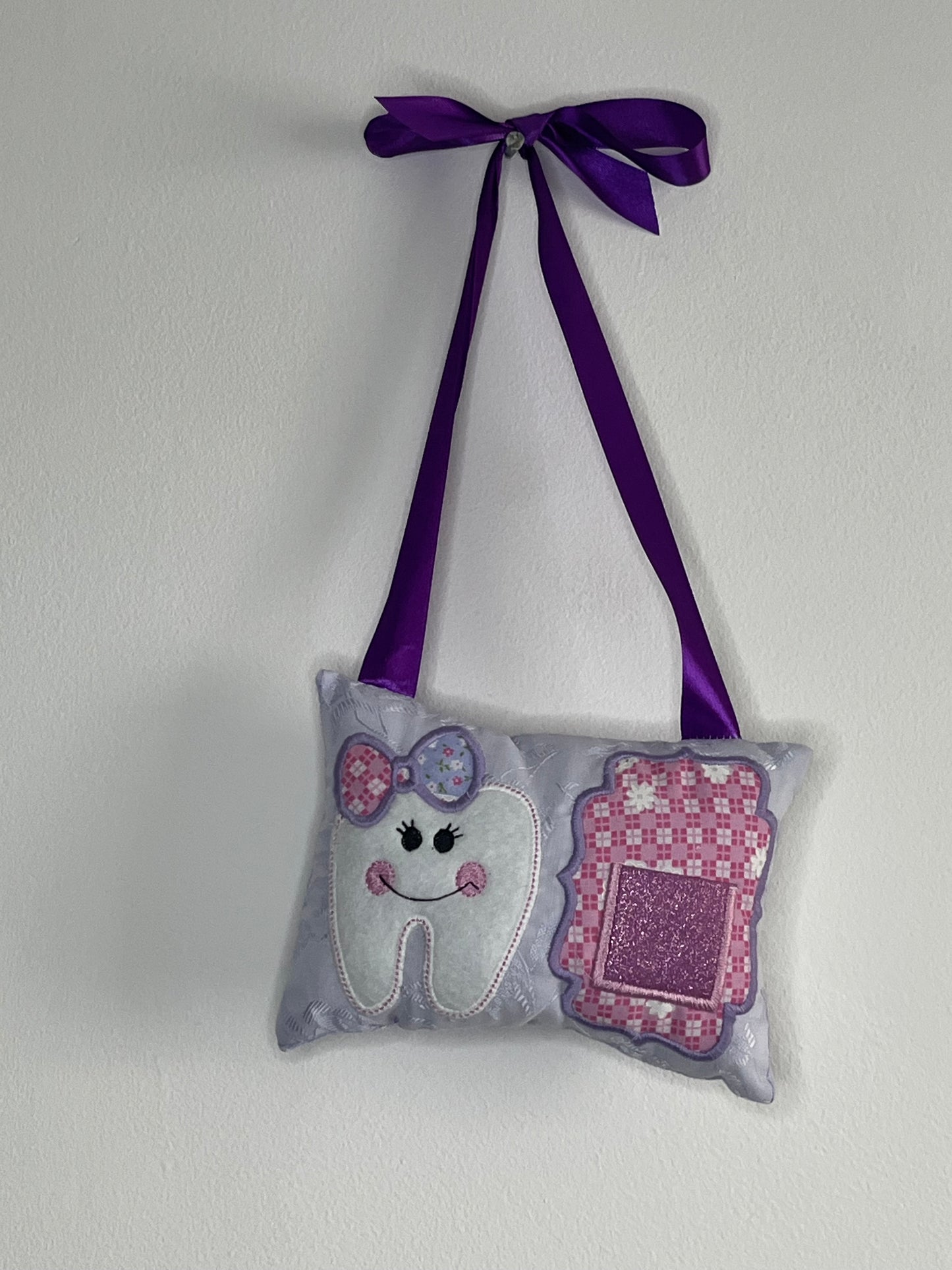 Tooth Fairy Cushion -Purple - Purple background - Tooth - Bow