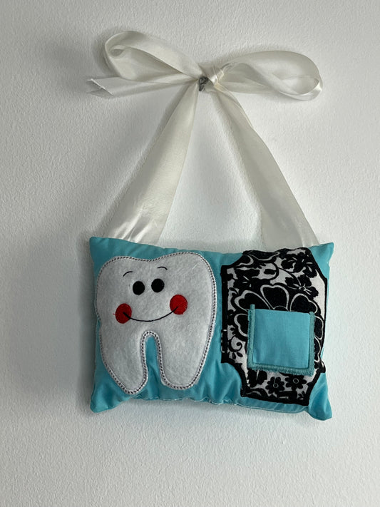 Tooth Fairy Cushion - White - Turquoise Background - Tooth - Turquoise Pocket