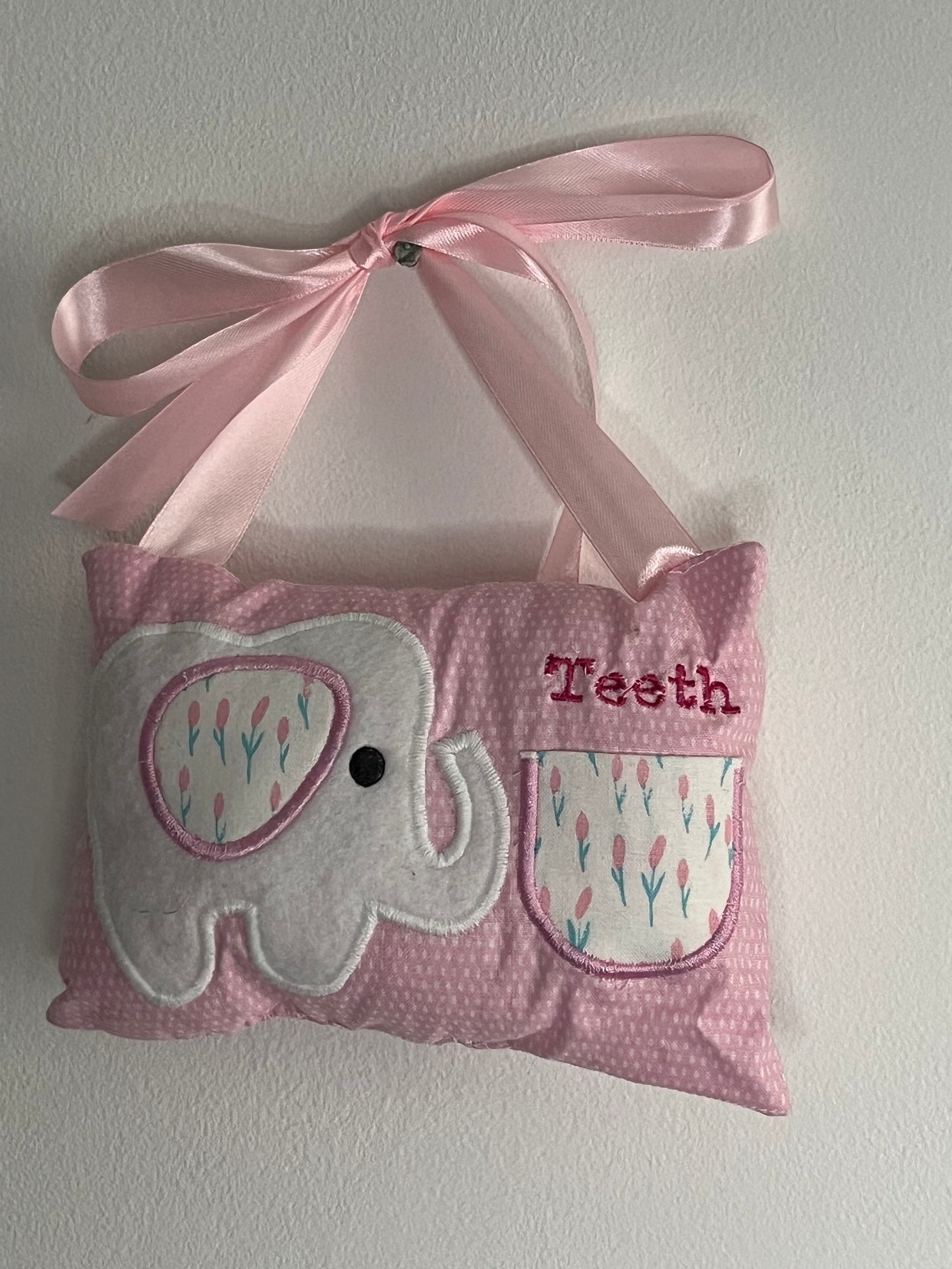Tooth Fairy Cushions - Pink - Elephant -Pink Fabric - Floral ear and Pocket