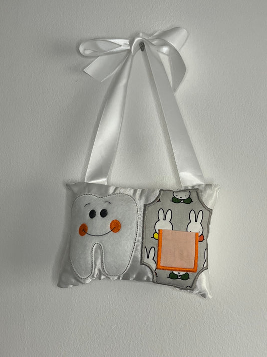 Tooth Fairy Cushion - White - White Satin - Tooth - Miffy - Orange Pocket